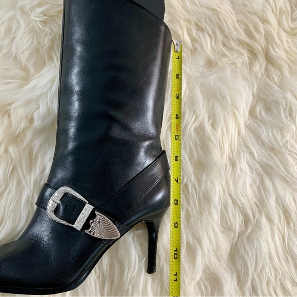 ZARA Cowboy Buckle Black Leather Pointed Toe Slip On Heel Boots Sz 7.5US - Picture 14 of 15